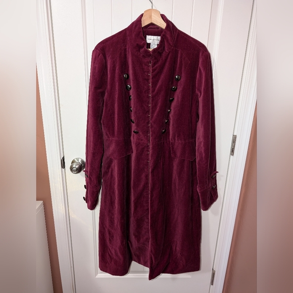 Vintage Newport News Velvet Military Long Jacket W18 Burgundy - Picture 1 of 7